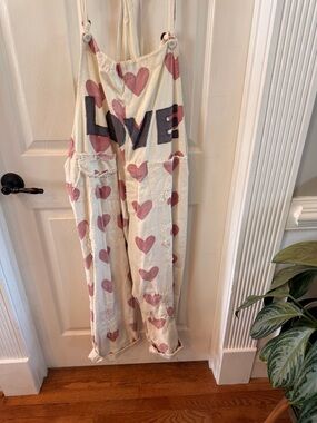 Magnolia Pearl Cream Heart-Print Pajama Overalls with LOVE Graphic